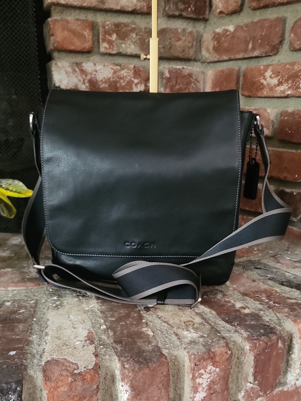 Coach Black Leather Men's Messenger Bag with Striped Strap